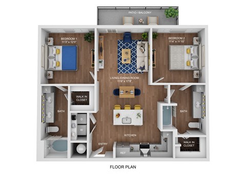 Floor plan for 2 beds, 2 baths, 1029 sqft
